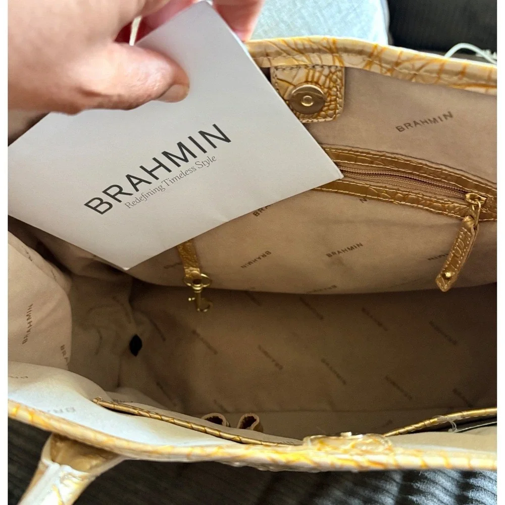 NWT Brahmin Sol Glossy Anytime Tote Gold Croc Embossed Leather Bag Neutral